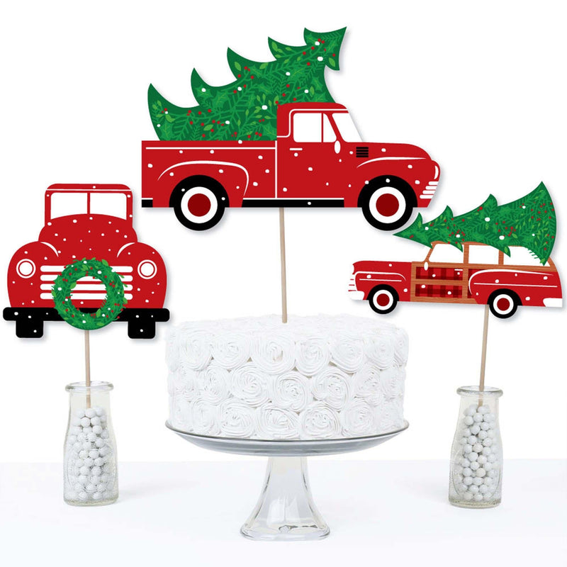 Merry Little Christmas Tree - Red Truck and Car Christmas Party Centerpiece Sticks - Table Toppers - Set of 15