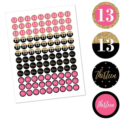 Chic 13th Birthday - Pink, Black and Gold - Round Candy Labels Birthday Party Favors - Fits Hershey's Kisses - 108 ct