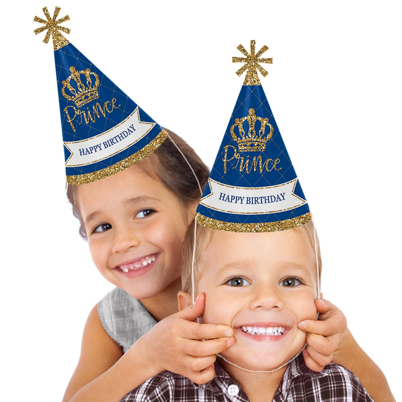 Royal Prince Charming - Cone Happy Birthday Party Hats for Kids and Adults - Set of 8 (Standard Size)