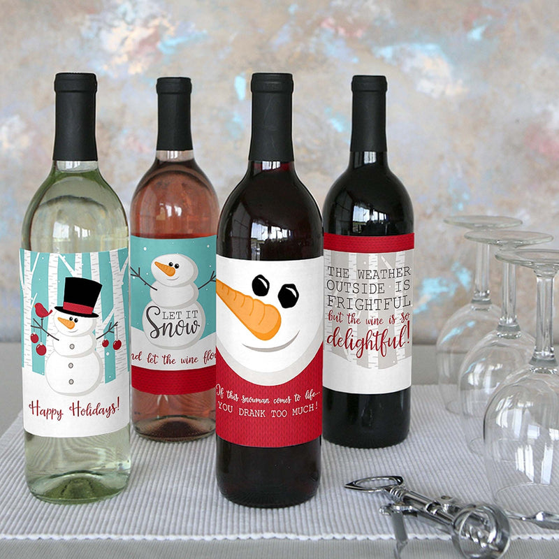 Let It Snow - Snowman - Holiday and Christmas Party Decorations for Women and Men - Wine Bottle Label Stickers - Set of 4