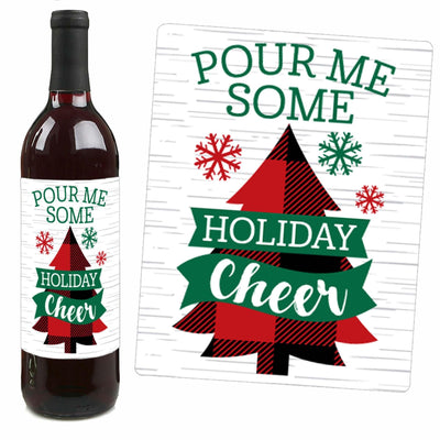 Holiday Plaid Trees - Buffalo Plaid Christmas Party Decorations for Women and Men - Wine Bottle Label Stickers - Set of 4