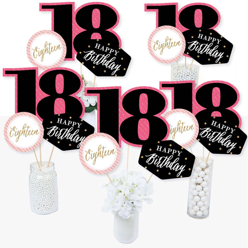 Chic 18th Birthday - Pink, Black and Gold - Birthday Party Centerpiece Sticks - Table Toppers - Set of 15