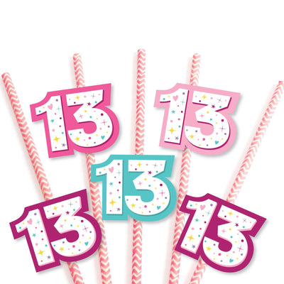 Girl 13th Birthday - Paper Straw Decor - Official Teenager Birthday Party Striped Decorative Straws - Set of 24