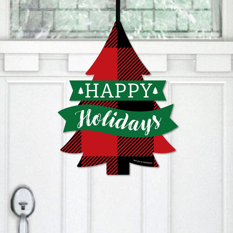 Holiday Plaid Trees - Hanging Porch Buffalo Plaid Christmas Party Outdoor Decorations - Front Door Decor - 1 Piece Sign