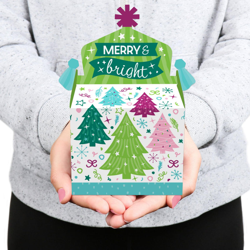 Merry and Bright Trees - Treat Box Party Favors - Colorful Whimsical Christmas Party Goodie Gable Boxes - Set of 12