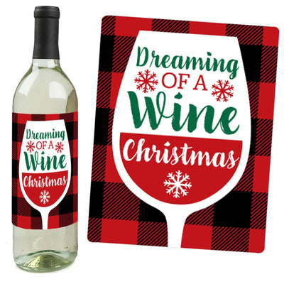 Holiday Plaid Trees - Buffalo Plaid Christmas Party Decorations for Women and Men - Wine Bottle Label Stickers - Set of 4