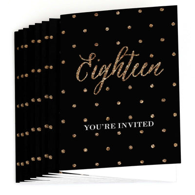 Chic 18th Birthday - Black and Gold - Birthday Party Fill In Invitations - 8 ct