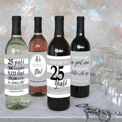 We Still Do - 25th Wedding Anniversary Decorations for Women and Men - Wine Bottle Label Stickers - Set of 4