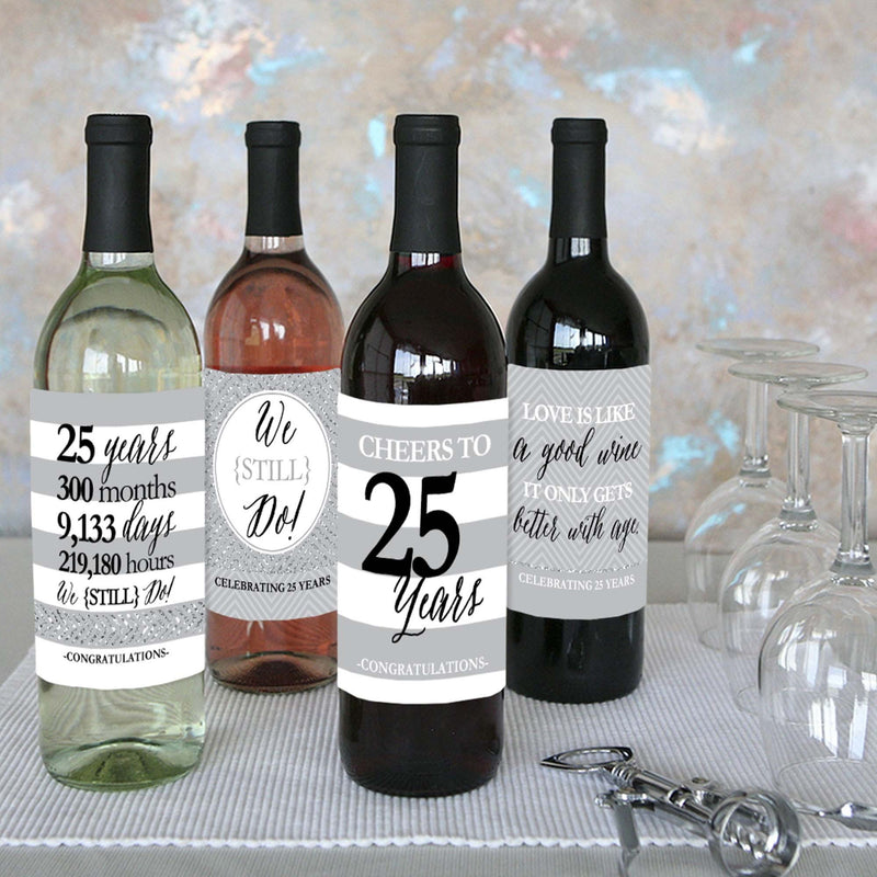 We Still Do - 25th Wedding Anniversary Decorations for Women and Men - Wine Bottle Label Stickers - Set of 4