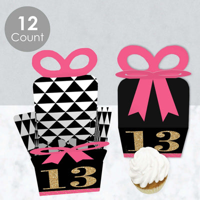 Chic 13th Birthday - Pink, Black and Gold - Square Favor Gift Boxes - Birthday Party Bow Boxes - Set of 12