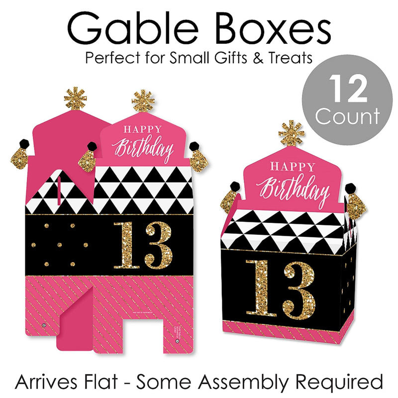 Chic 13th Birthday - Pink, Black and Gold - Treat Box Party Favors - Birthday Party Goodie Gable Boxes - Set of 12