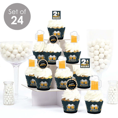 Cheers and Beers to 21 Years - Cupcake Decoration - 21st Birthday Party Cupcake Wrappers and Treat Picks Kit - Set of 24