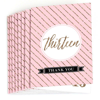 Chic 13th Birthday - Pink, Black and Gold - Birthday Party Thank You Cards - 8 ct