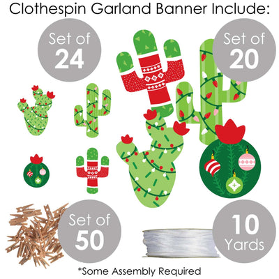 Merry Cactus - Christmas Cactus Party DIY Decorations - Clothespin Garland Banner - 44 Pieces