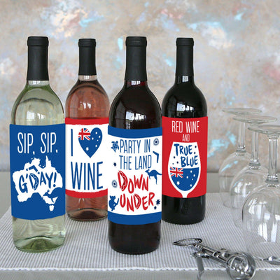 Australia Day - G'Day Mate Aussie Party Decorations for Women and Men - Wine Bottle Label Stickers - Set of 4