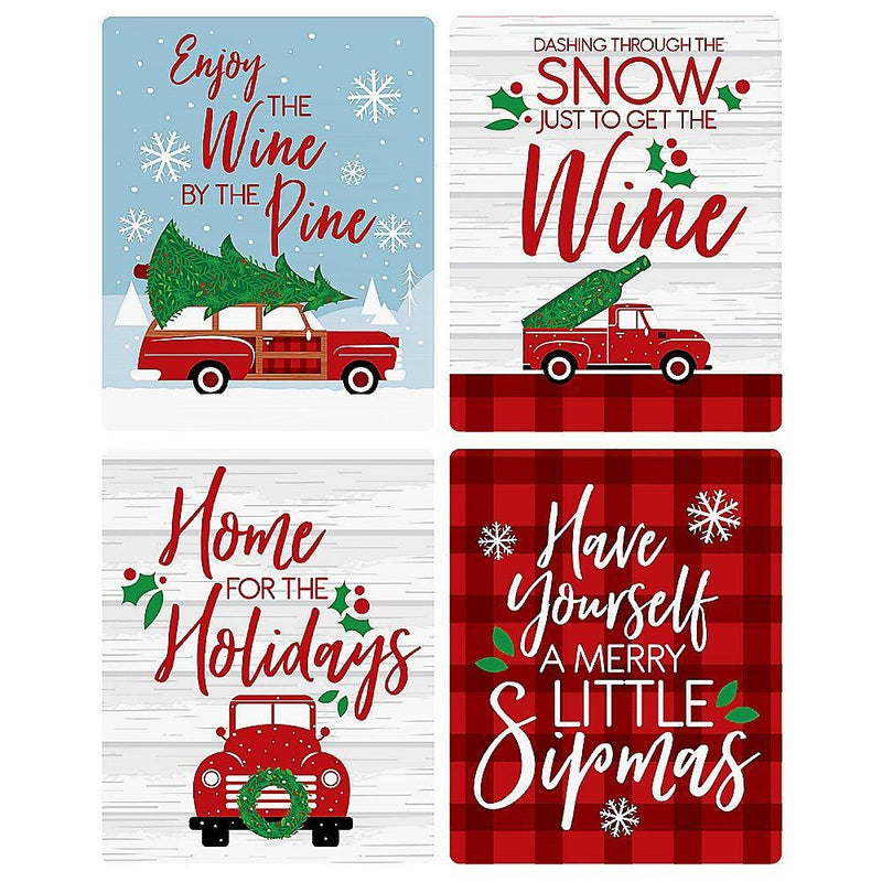 Merry Little Christmas Tree - Red Truck and Car Christmas Party Decorations for Women and Men - Wine Bottle Label Stickers - Set of 4