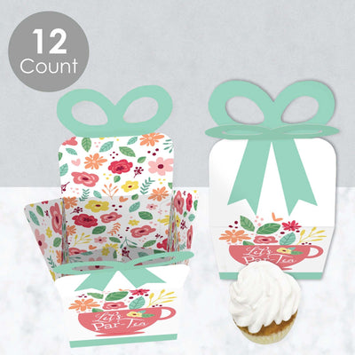 Floral Let's Par-Tea - Square Favor Gift Boxes - Garden Tea Party Bow Boxes - Set of 12