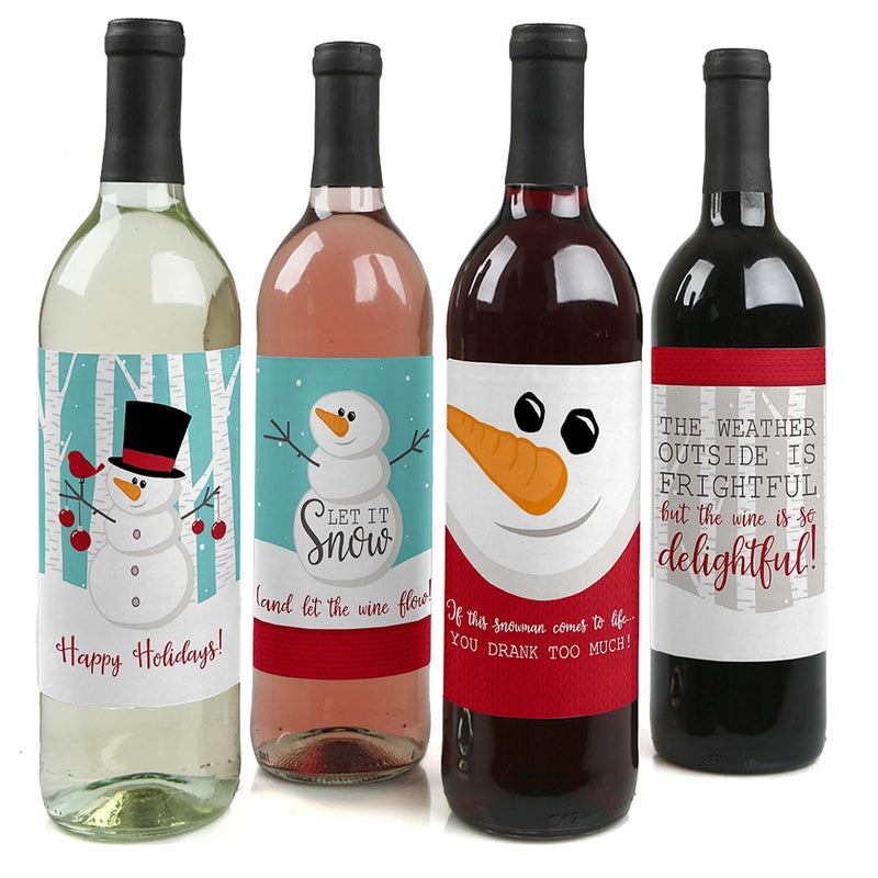 Let It Snow - Snowman - Holiday and Christmas Party Decorations for Women and Men - Wine Bottle Label Stickers - Set of 4