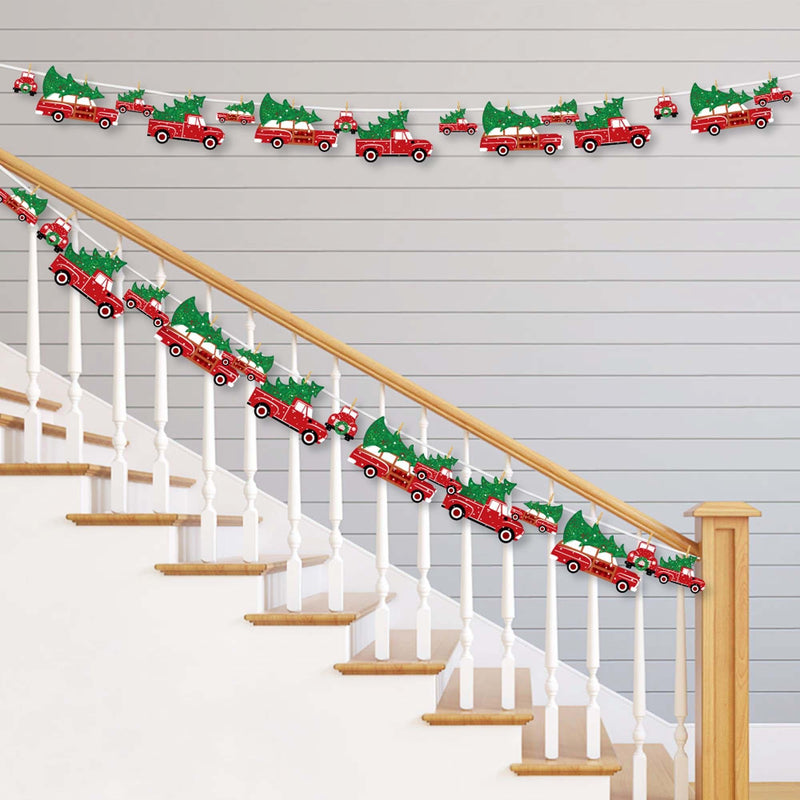 Merry Little Christmas Tree - Red Truck and Car Christmas Party DIY Decorations - Clothespin Garland Banner - 44 Pieces