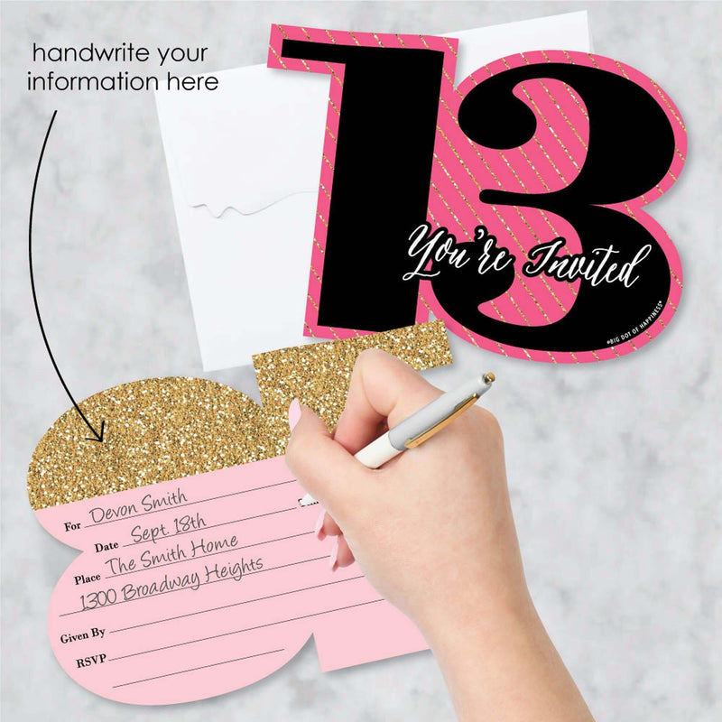 Chic 13th Birthday - Pink, Black and Gold - Shaped Fill-In Invitations - Birthday Party Invitation Cards with Envelopes - Set of 12