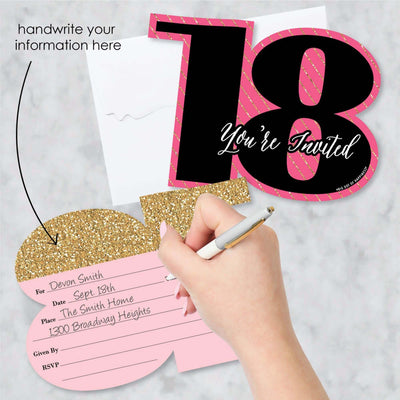 Chic 18th Birthday - Pink, Black and Gold - Shaped Fill-In Invitations - Birthday Party Invitation Cards with Envelopes - Set of 12