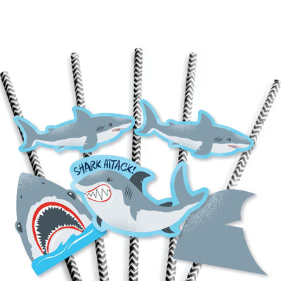 Shark Zone - Paper Straw Decor - Jawsome Shark Party or Birthday Party Striped Decorative Straws - Set of 24