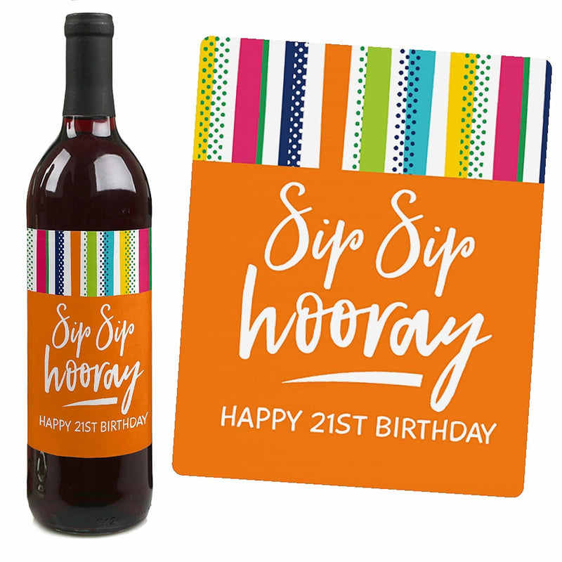 21st Birthday - Cheerful Happy Birthday - Decorations for Women and Men - Wine Bottle Label Colorful Twenty-First Birthday Party Gift - Set of 4