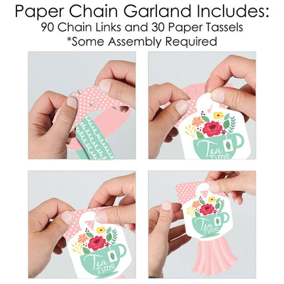 Floral Let's Par-Tea - 90 Chain Links and 30 Paper Tassels Decoration Kit - Garden Tea Party Paper Chains Garland - 21 feet