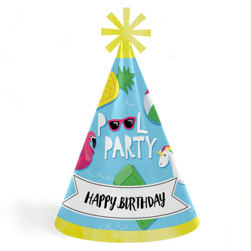 Make a Splash - Pool Party - Cone Happy Birthday Party Hats for Kids and Adults - Set of 8 (Standard Size)