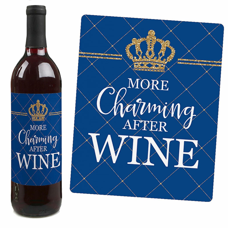 Royal Prince Charming - Prince Baby Shower or Birthday Party Decorations for Women and Men - Wine Bottle Label Stickers - Set of 4