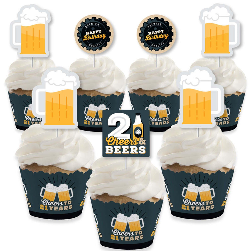 Cheers and Beers to 21 Years - Cupcake Decoration - 21st Birthday Party Cupcake Wrappers and Treat Picks Kit - Set of 24