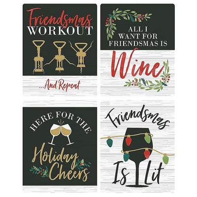 Rustic Merry Friendsmas - Friends Christmas Party Decorations for Women and Men - Wine Bottle Label Stickers - Set of 4