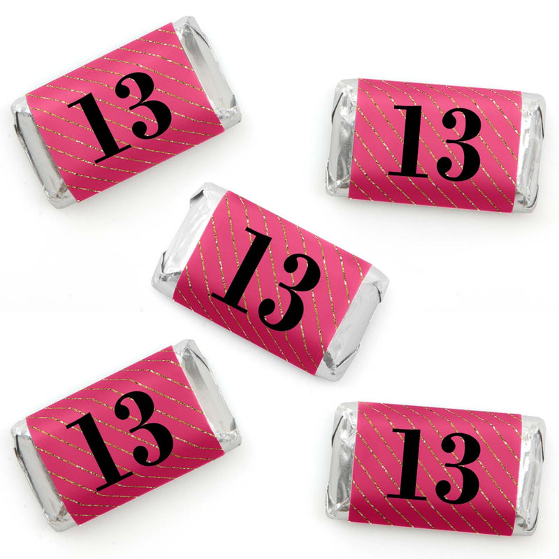 Chic 13th Birthday - Pink, Black and Gold - Mini Candy Bar Wrapper Stickers - Birthday Party Small Favors - 40 Count