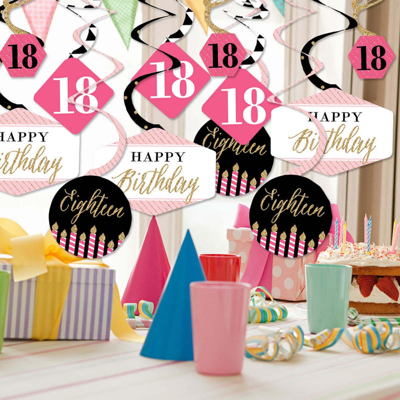 Chic 18th Birthday - Pink, Black and Gold - Birthday Party Hanging Decor - Party Decoration Swirls - Set of 40