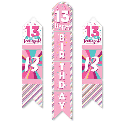 Girl 13th Birthday - Hanging Vertical Paper Door Banners - Official Teenager Birthday Party Wall Decoration Kit - Indoor Door Decor