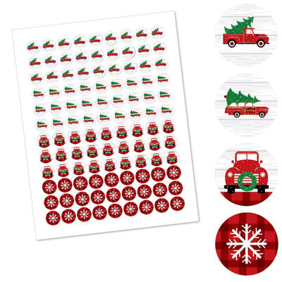 Merry Little Christmas Tree - Round Candy Labels Red Truck and Car Christmas Party Favors - Fits Hershey's Kisses - 108 ct