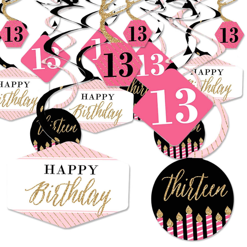 Chic 13th Birthday - Pink, Black and Gold - Birthday Party Hanging Decor - Party Decoration Swirls - Set of 40