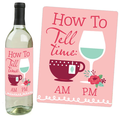 Floral Let's Par-Tea - Garden Tea Party Decorations for Women and Men - Wine Bottle Label Stickers - Set of 4