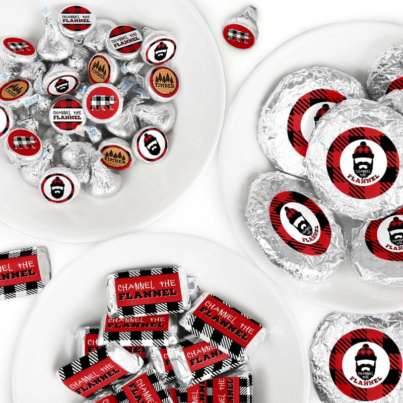 Lumberjack - Channel The Flannel - Mini Candy Bar Wrappers, Round Candy Stickers and Circle Stickers - Buffalo Plaid Party Candy Favor Sticker Kit - 304 Pieces