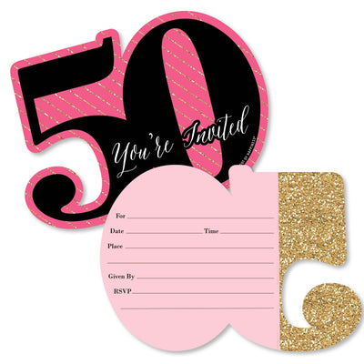 Chic 50th Birthday - Pink, Black and Gold - Shaped Fill-In Invitations - Birthday  Party Invitation Cards with Envelopes - Set of 12