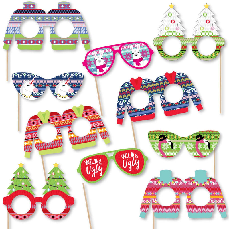 Wild and Ugly Sweater Party Glasses and Masks - Paper Card Stock Holiday and Christmas Animals Party Photo Booth Props Kit - 10 Count