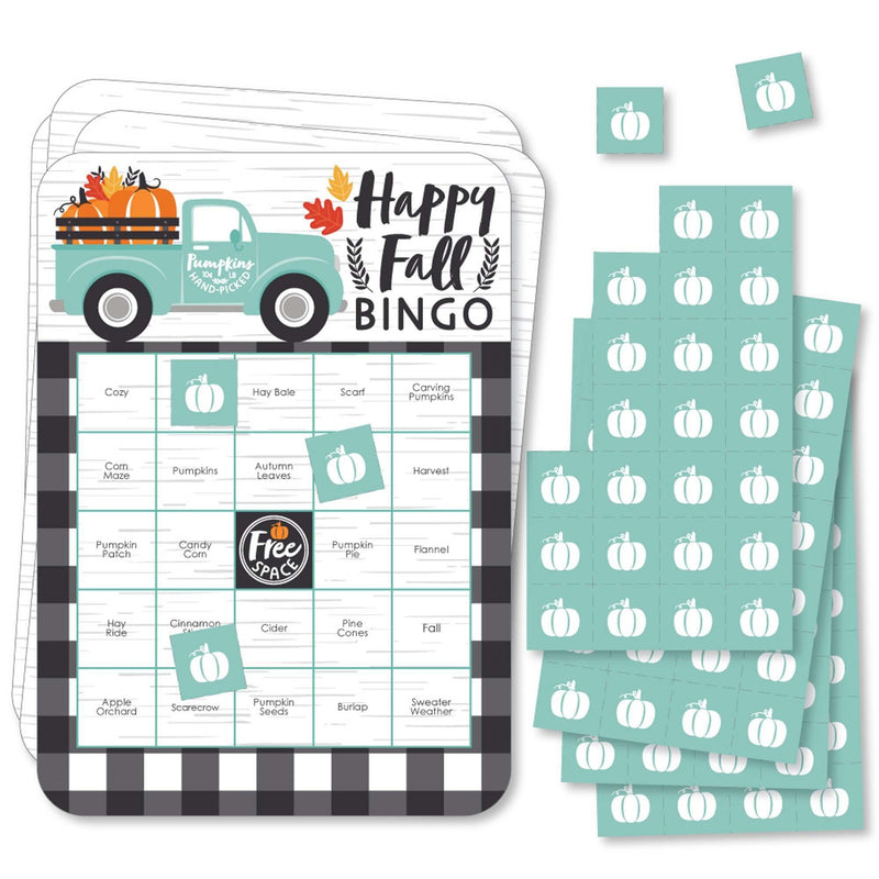 Happy Fall Truck - Bingo Cards and Markers - Harvest Pumpkin Party Bingo Game - Set of 18