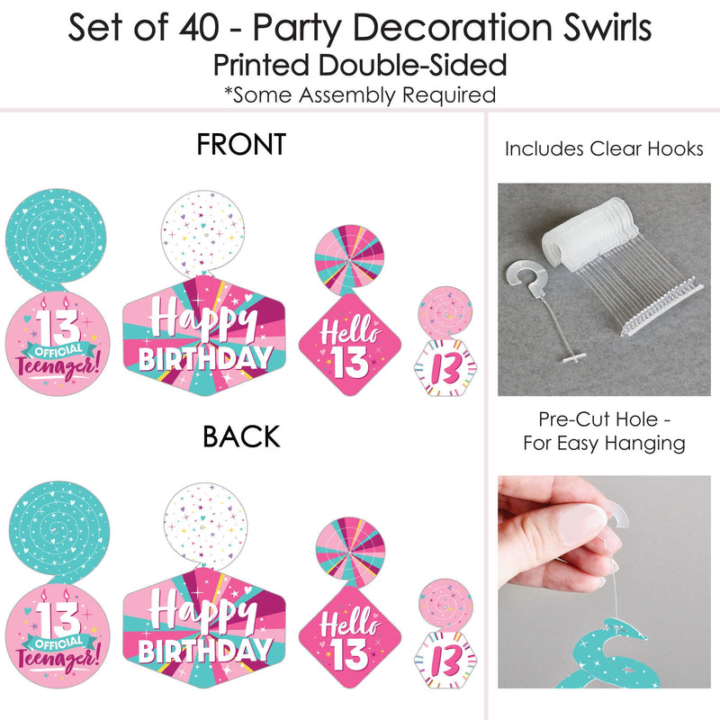 Girl 13th Birthday - Official Teenager Birthday Party Hanging Decor - Party Decoration Swirls - Set of 40