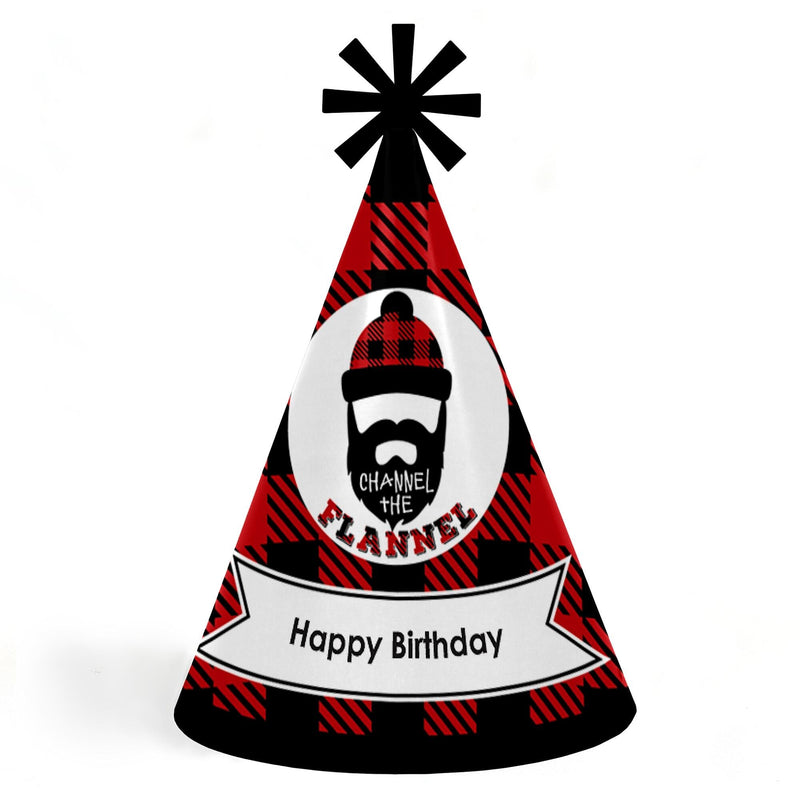 Lumberjack - Channel the Flannel - Cone Buffalo Plaid Birthday Party Hats for Kids and Adults - Set of 8 (Standard Size)