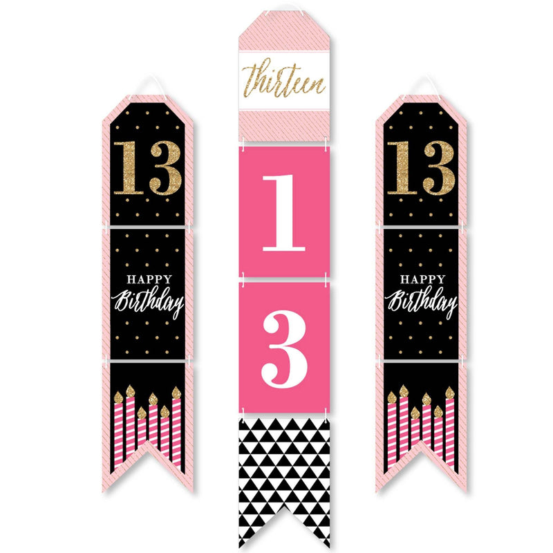 Chic 13th Birthday - Pink, Black and Gold - Hanging Vertical Paper Door Banners - Birthday Party Wall Decoration Kit - Indoor Door Decor