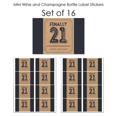 Finally 21 - 21st Birthday - Mini Wine and Champagne Bottle Label Stickers - 21st Birthday Party Favor Gift - For Women and Men - Set of 16