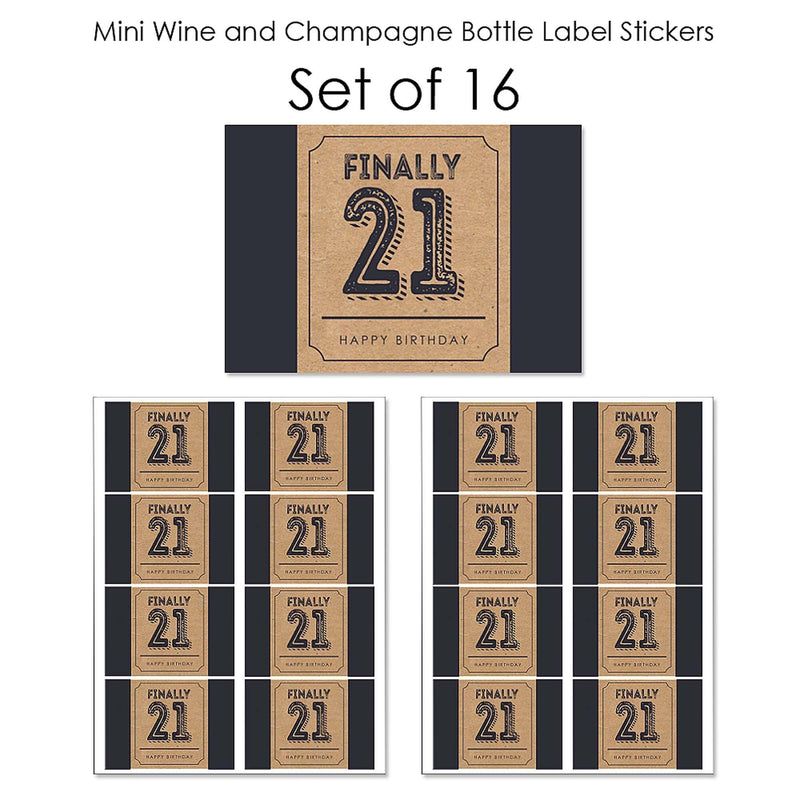 Finally 21 - 21st Birthday - Mini Wine and Champagne Bottle Label Stickers - 21st Birthday Party Favor Gift - For Women and Men - Set of 16