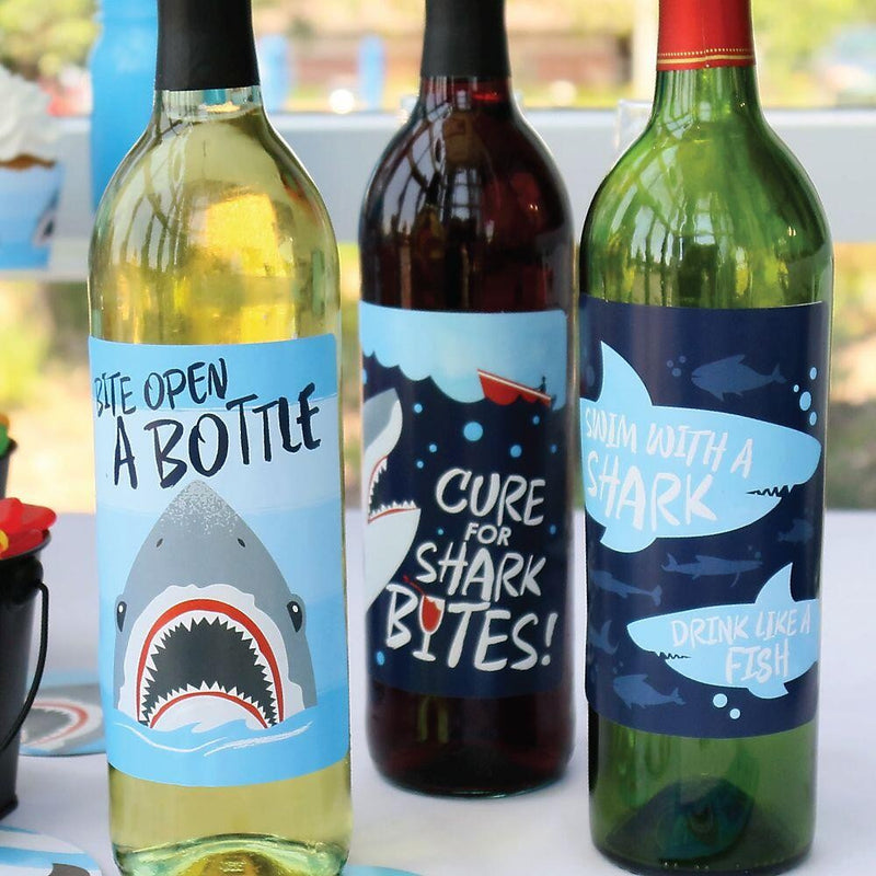 Shark Zone - Jawsome Shark Party Decorations for Women and Men - Wine Bottle Label Stickers - Set of 4