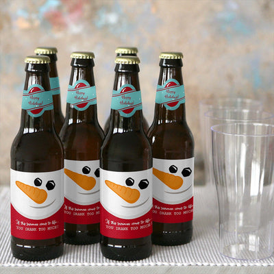 Let It Snow - Snowman - Decorations for Women and Men - 6 Holiday & Christmas Party Beer Bottle Label Stickers and 1 Carrier