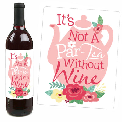 Floral Let's Par-Tea - Garden Tea Party Decorations for Women and Men - Wine Bottle Label Stickers - Set of 4